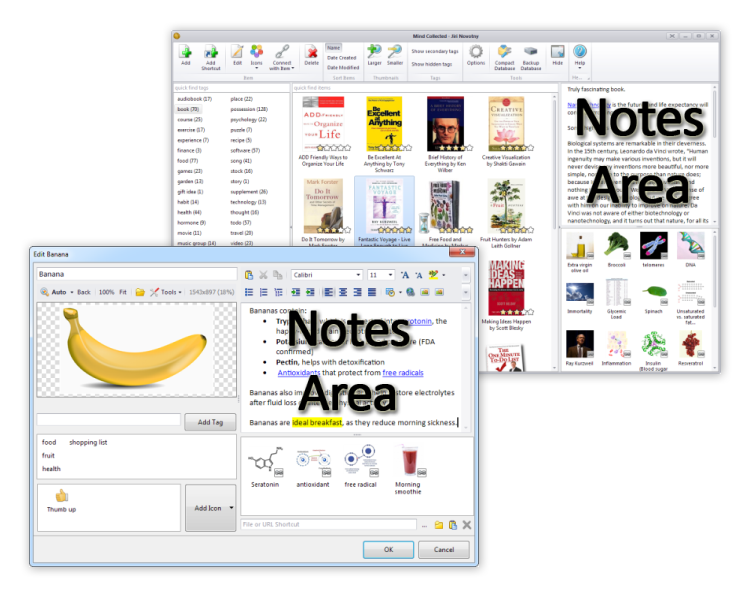 Notes area is on the right side in both main window and Add Item and Edit Item windows